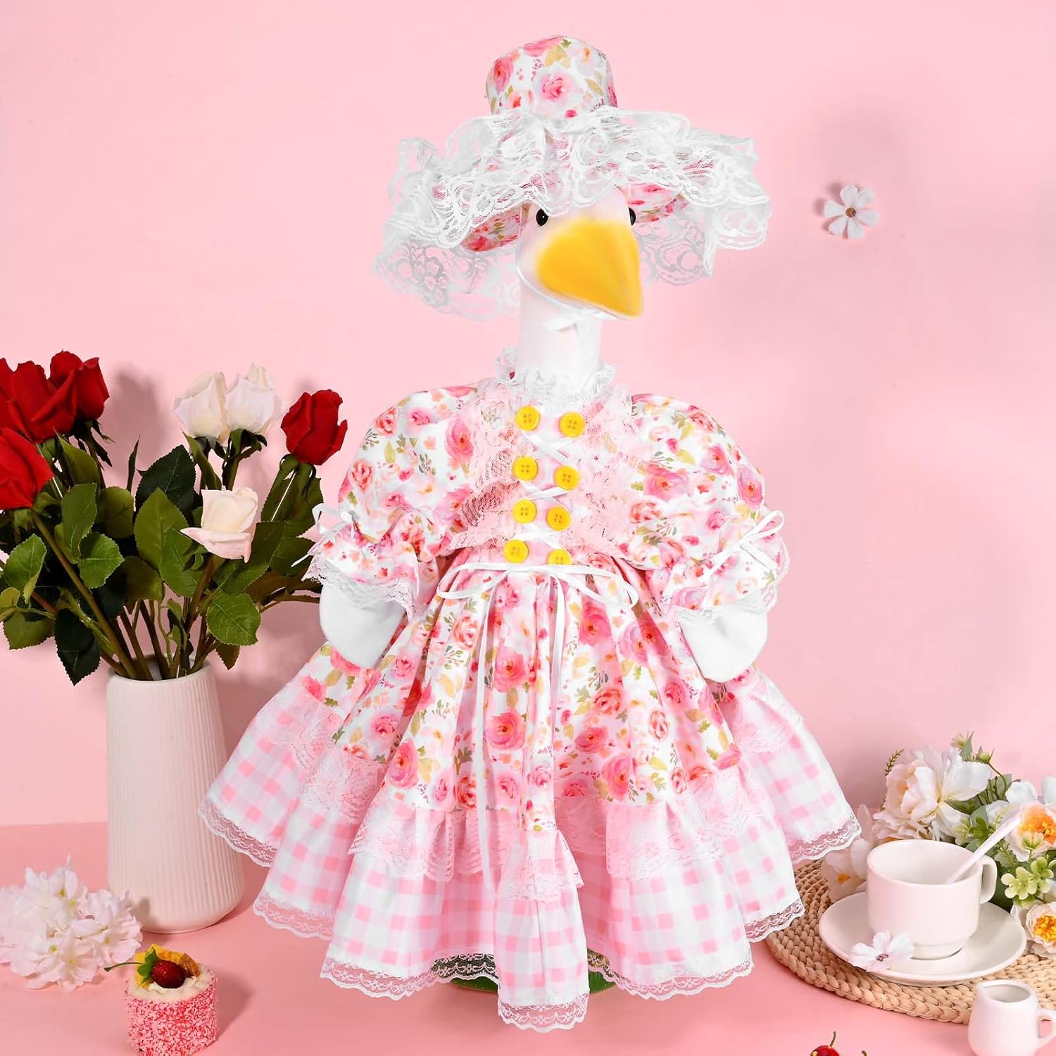 JcHrmers Spring Porch Goose Outfits Flower Goose Outfit Lolita Lawn Porch Goose Clothes Fits 23" Cement Plastic Goose Statue for Spring Outdoor Garden Yard Patio Statue Art Decor