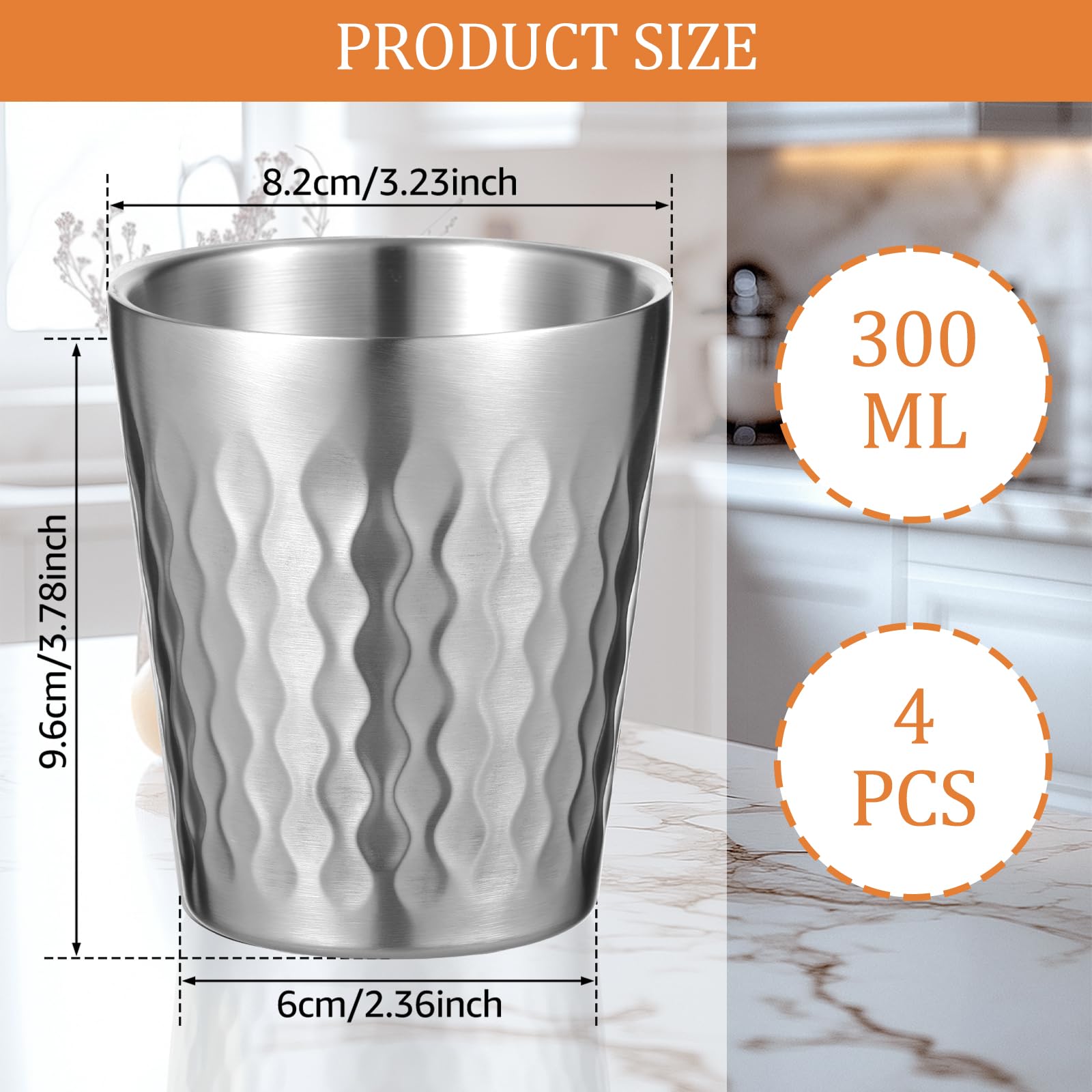 4 Pcs 10oz Stainless Steel Insulated Cup, Metal Tumbler Double Wall Vacuum Water Glasses, Cup Drinking Glasses, Stackable Mugs for Travel Camping Party Use