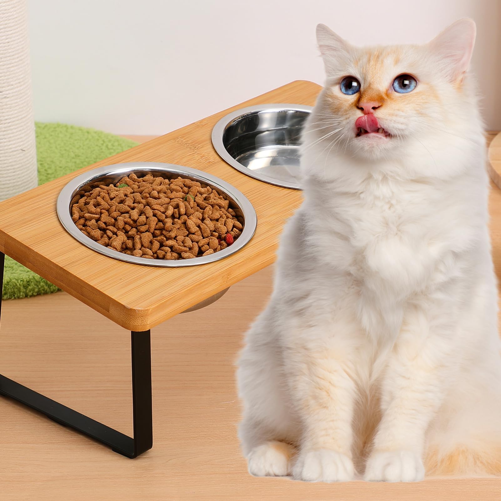 Ciotola per Gatti Rialzata con Doppie Ciotole in Acciaio | Set con Supporto, Uso Interno per Gatto e Cane Piccolo, Design Elegante, Legno e Acciaio Inox