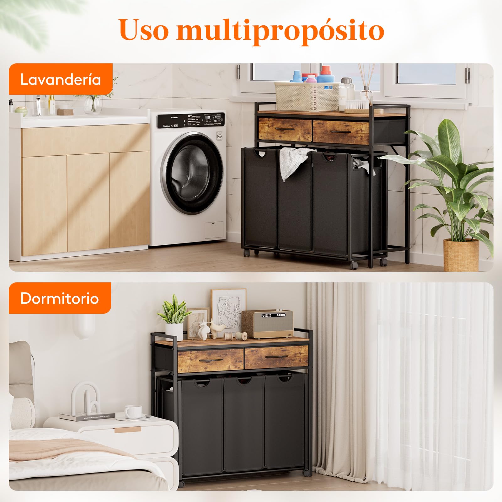 Lifewit Cesto Ropa Sucia con 3 Compartimentos, Grande Laundry Basket 135L con Estantes y 2 Cajones, Almacenamiento de Cesta con Ruedas y Bolsa Extraíble para Baño Lavandería, Marrón Rústico y Negro