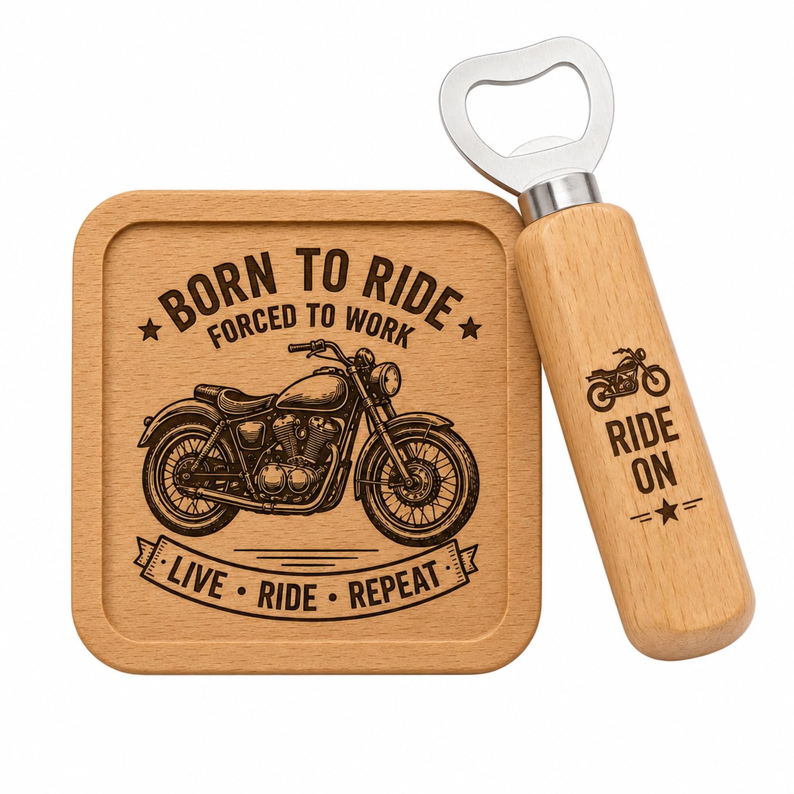 2 Piece Motorbike Gifts for Men, Born to Ride Coaster and Bottle Opener
