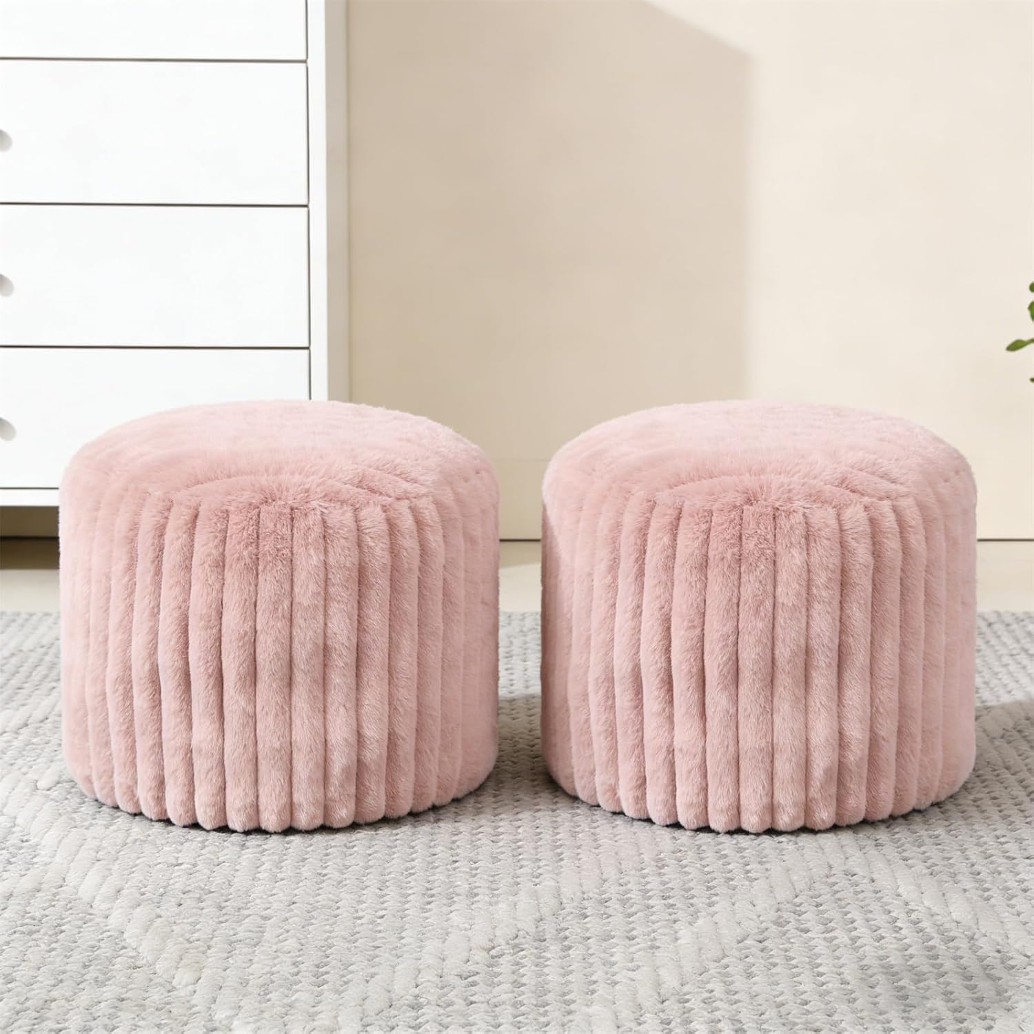 2 Pcs 20 x 15 Inch Unstuffed Pouf Cover Ottoman Foot Rest - No Filler, Faux Rabbit Fur Foot Stool Floor Bean Bag Floor Chair Storage for Home Decor Bedroom Living Room (Brown)