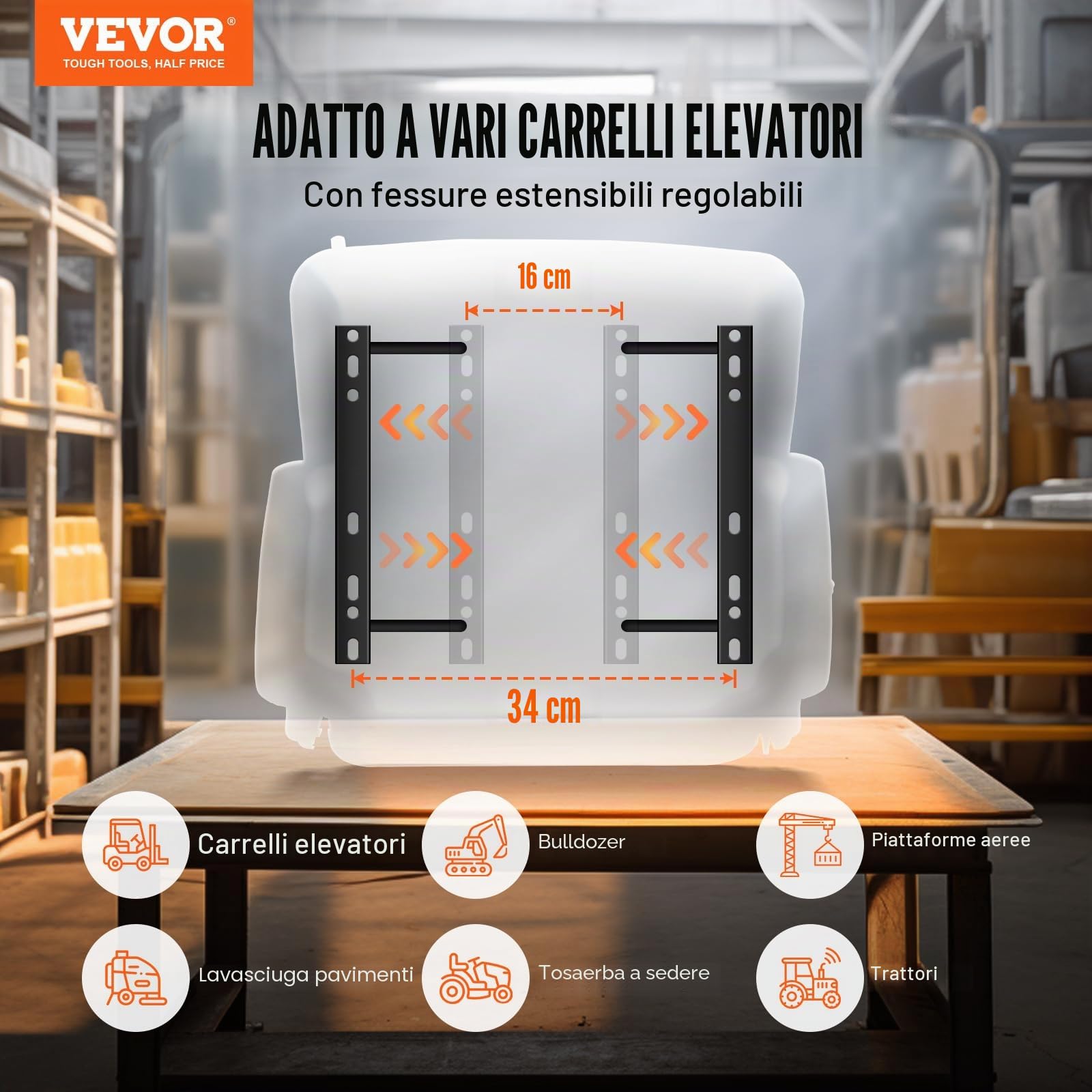 VEVOR Sedile Universale per Carrello Elevatore Sedile Pieghevole per Trattore Coprisedile con Schienale ad Angolo Regolabile Microinterruttore Cintura di Sicurezza Braccioli Fessura Esteso 160-340mm