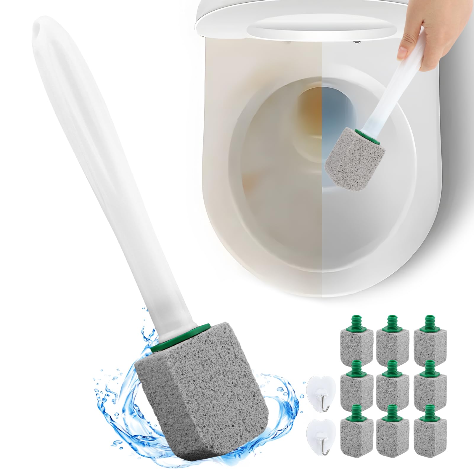 CALIDAKA 10 piezas de piedra pómez de inodoro con mango largo limpiador de inodoros, varita, repuesto de varita pómez, bloque de piedra pómez, herramienta de limpieza profunda para piscina, baño,