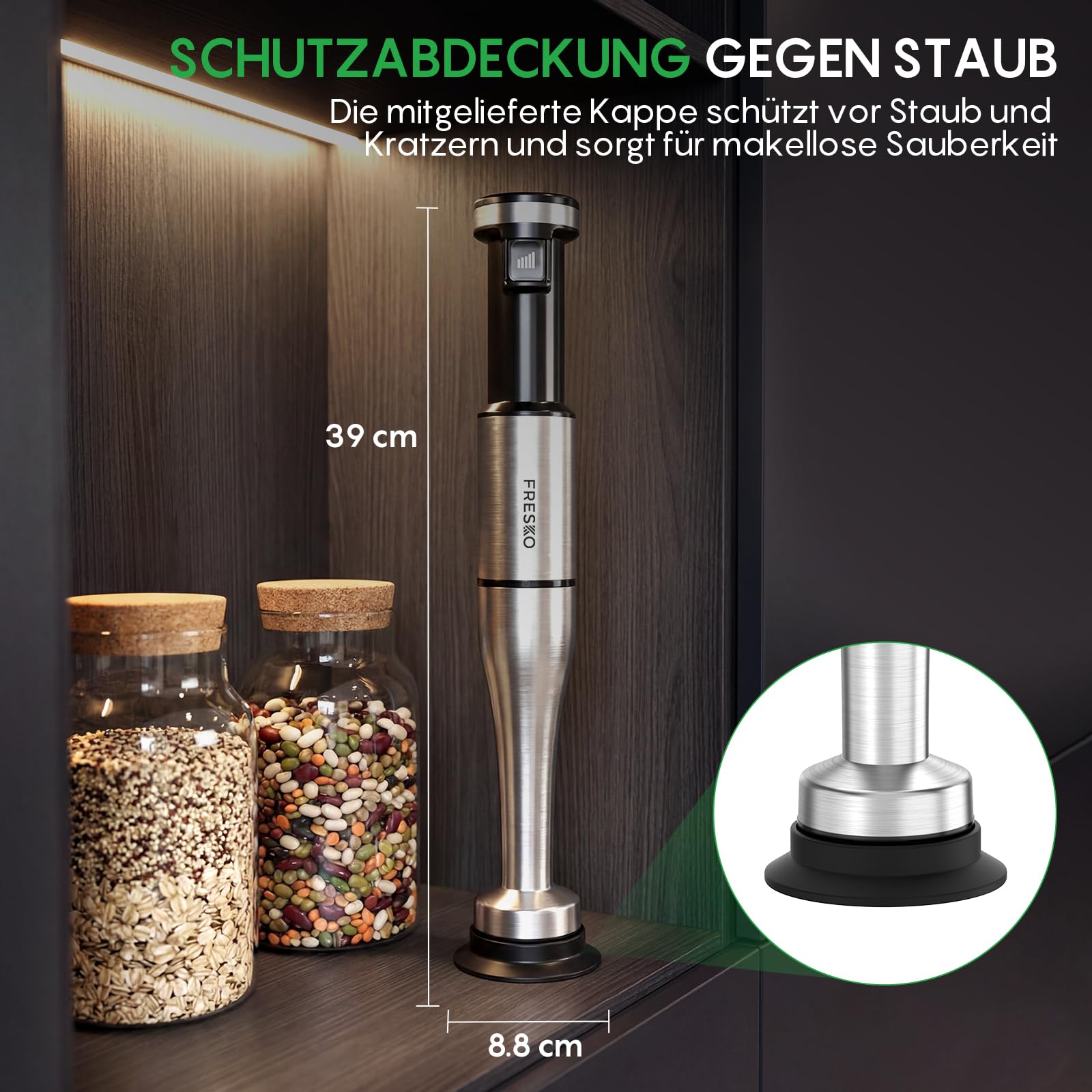 FRESKO Stabmixer 1000W mit Zubehör-Set, Stufenlose Geschwindigkeitsregelung | Pürierstab Edelstahl, Schneebesen inkl., 500ml Lebensmittelhacker, Messbecher mit Deckel & Schutzhülle