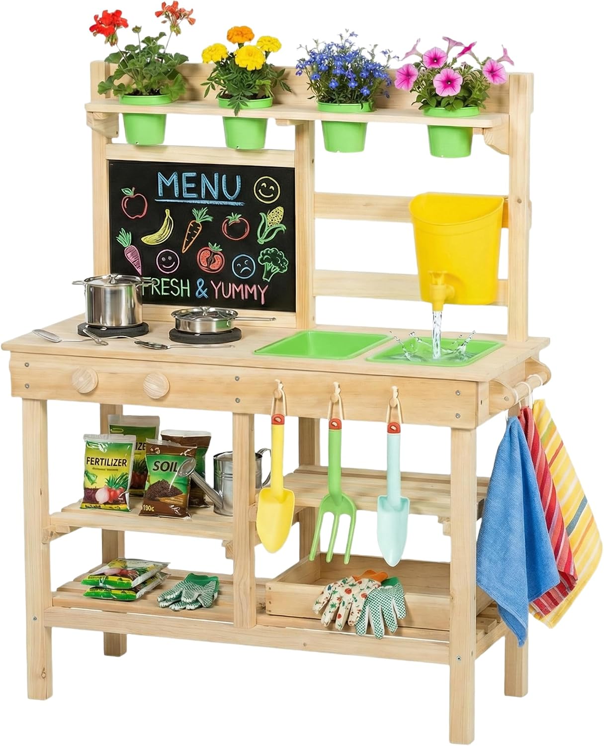 Qaba Kids Mud Kitchen Play Kitchen Planter Box for 3-6 Y Natural