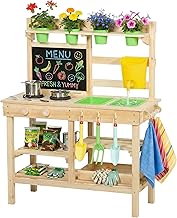 AIYAPLAY Kids Mud Kitchen, Outdoor Wooden Play Kitchen with Flowerpots, Blackboard, Sink, Faucet, Stoves, Kitchenware & Garden Tools, Pretend Play Outdoor Toys Gifts for Girls Boys Age 3-6, Natural