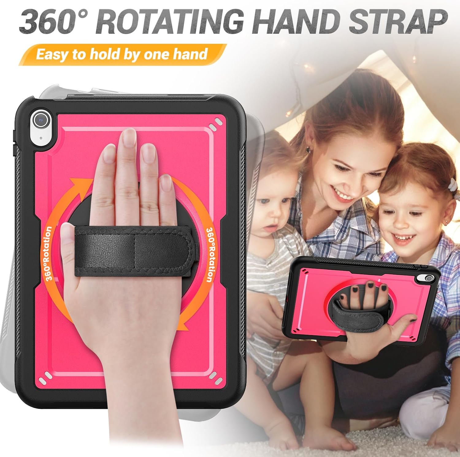 KAIJIAbox Case for iPad (A16) 11th/10th Generation 2025/2022 (11" /10.9 Inch), Full-Body Shockproof Protective Case with Screen Protector, 360° Rotating Hand Strap & Stand, Shoulder Strap, Rose