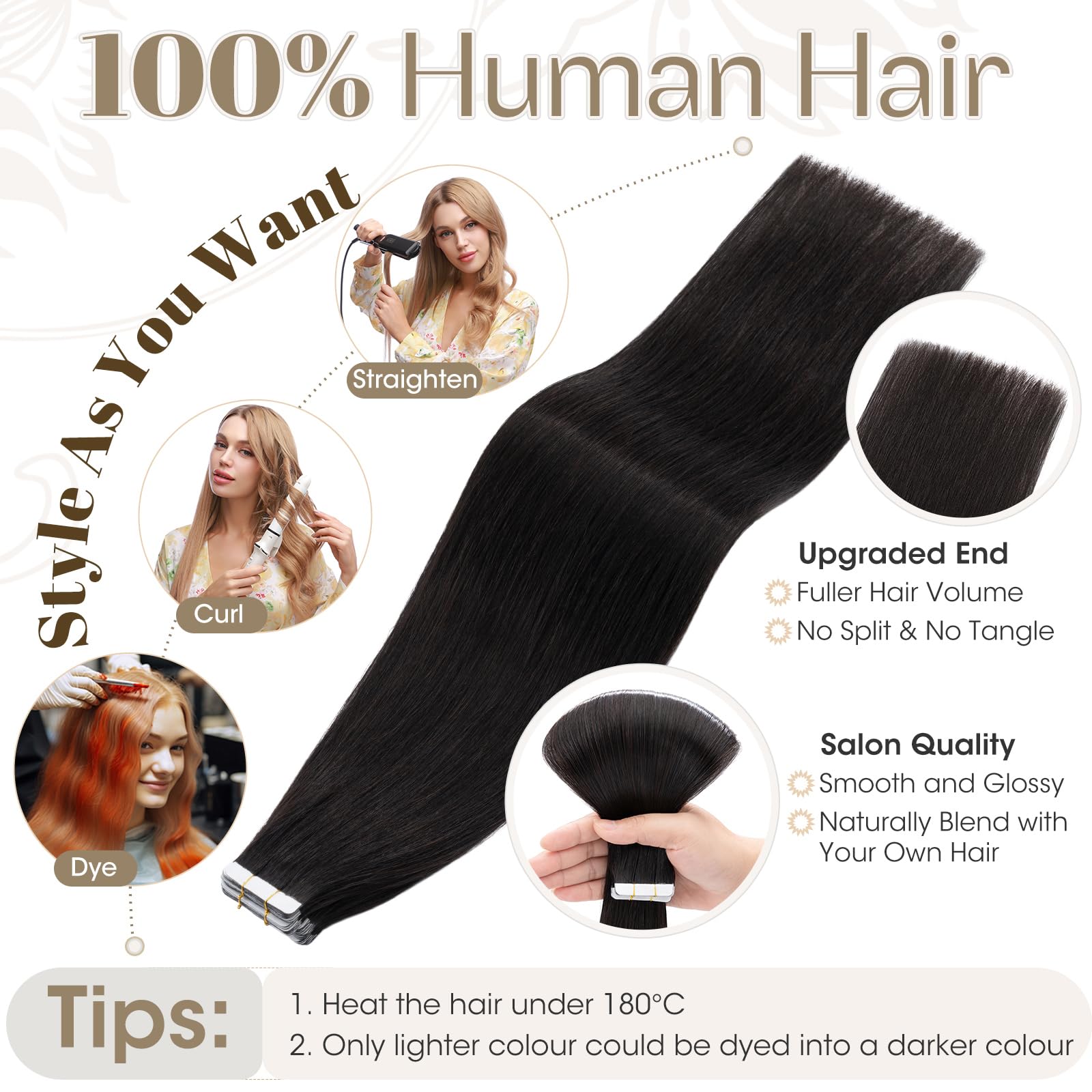 Elailite 20 Pcs Tape Hair Extensions Real Human Hair Black, Thin Type - Image 4