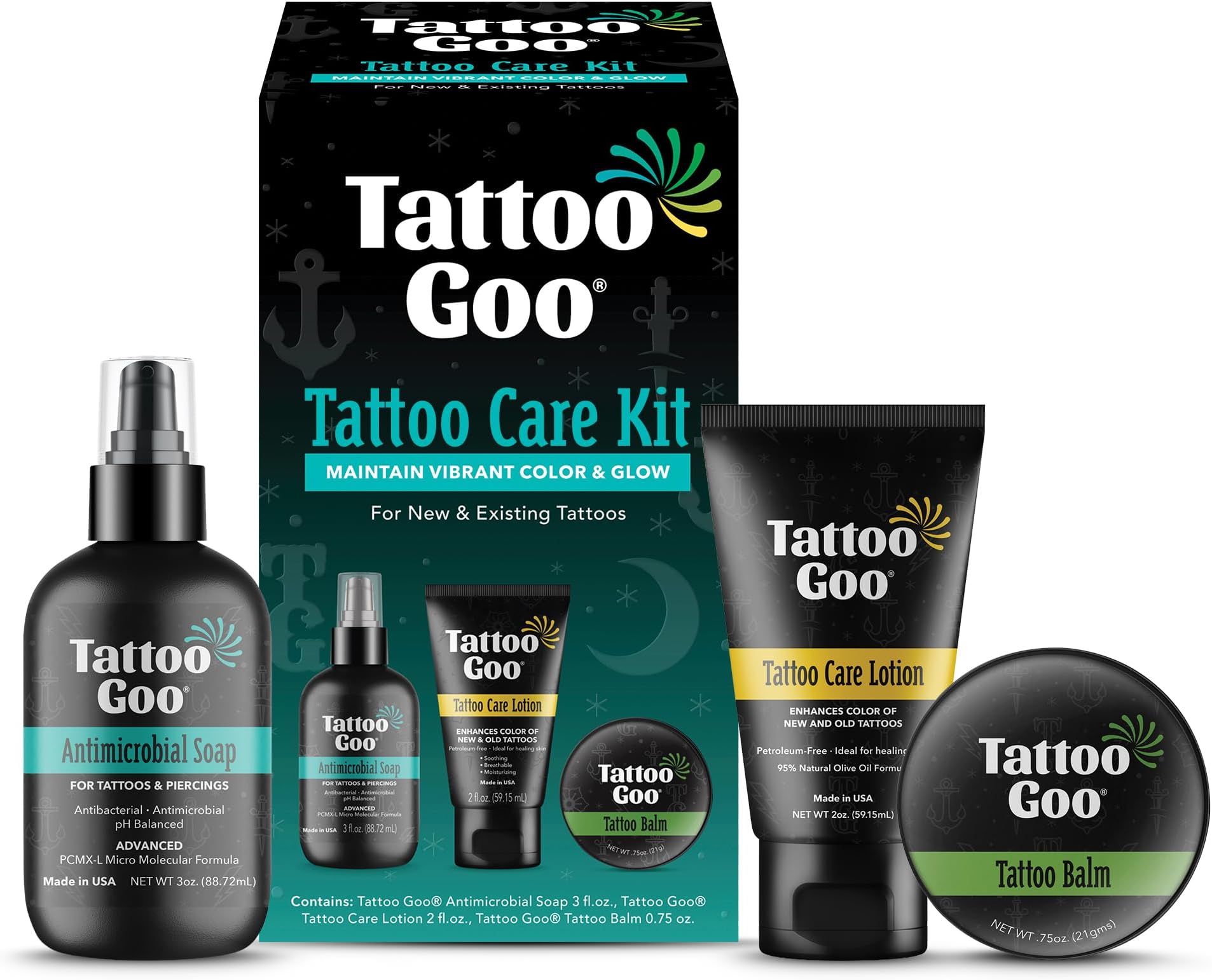 Tattoo Goo Aftercare Kit Includes Antimicrobial Soap, Balm, and Lotion, Tattoo Care for Color Enhancement + Quick Healing - Vegan, Cruelty-Free, Petroleum-Free (3 Piece Set)