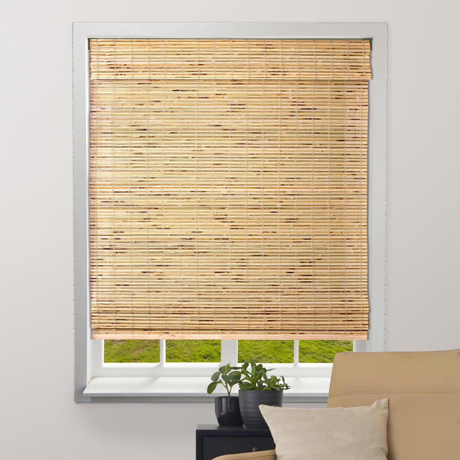 ARLO BLINDS Sheer Bamboo Roman Shades with Valance - Petite Rustique, 34.5"W x 60"H - Light Filtering Cordless Blinds For Interior Windows - Real Natural Bamboo Material - Mounting Hardware Included