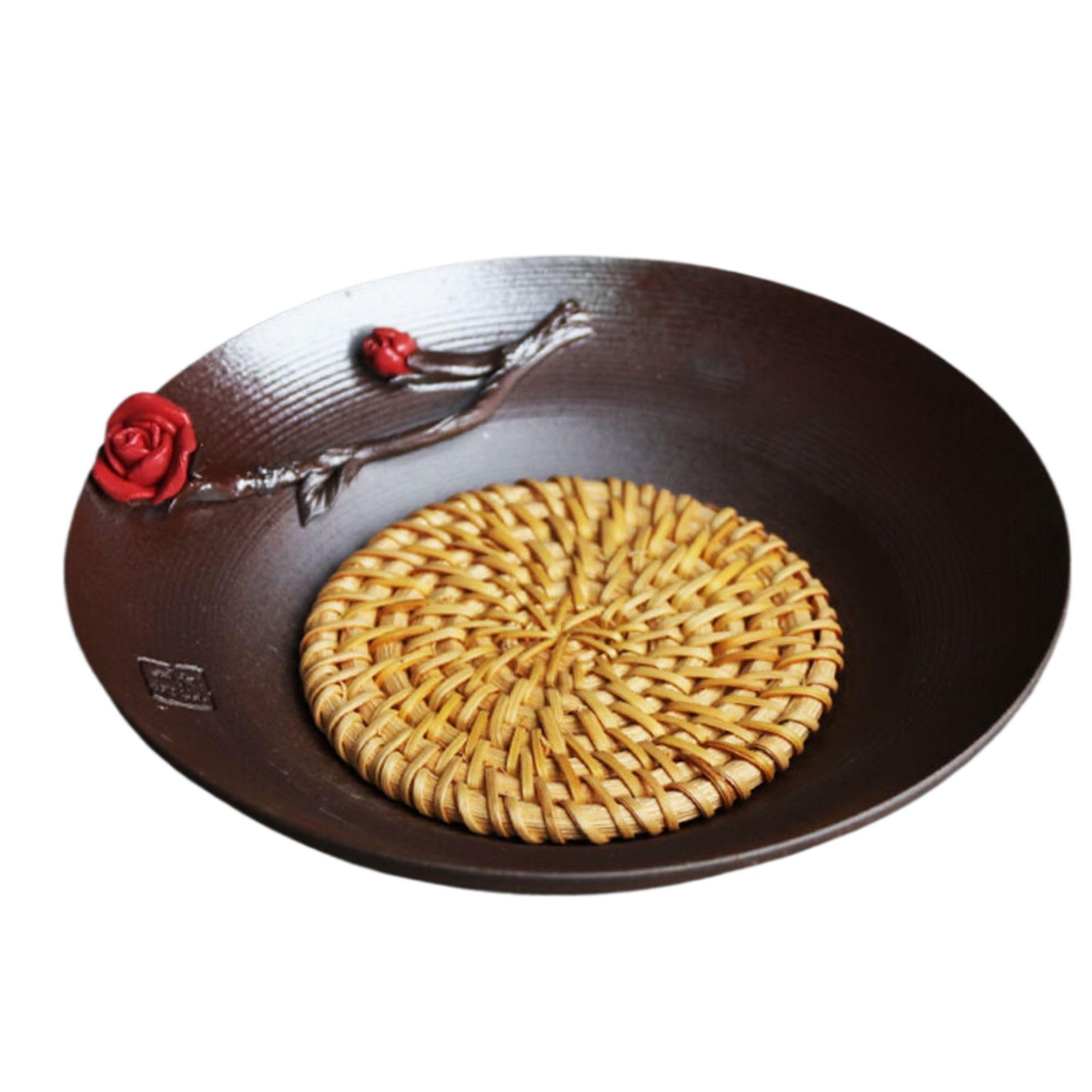 Soporte para tetera Zen de gres cerámico modelado a mano con posavasos ratán 2