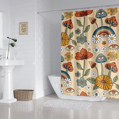 Miniatura 5 de Cortina de ducha con diseño de hongos bohemios, retro, flores amarillas, naranjas, divertidas, bonitas, bohemias, rústicas, decoración de baño, tela