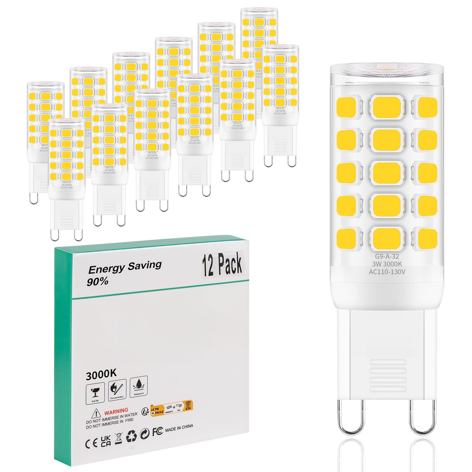 Ocixhbe G9 LED Bulb Dimmable 3W, T4 G9 4W Replacement for 40 Watts Halogen, 3000K Warm White, Chandelier Lighting, AC 120V No-Flicker, Pack of 12