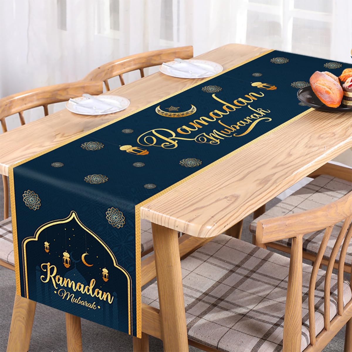 Parsup Navy Blue Ramadan Mubarak Table Runner Table Decorations - Ramadan Mosque Lantern Islamic Happy Ramadan Mubarak Party Supplies Decorations, 13.8X70 Inches