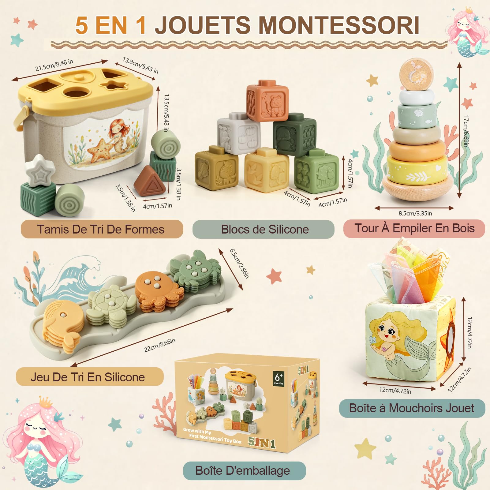 Jouet Bebe 6 Mois, 5 en 1 Jeux Éveil Bébé 6-12 Mois, montessori 6 8 9 mois | Cube Empilables & Tri des Formes, Boîte à Mouchoirs, Jeux Sensoriels 6-24 Mois, Cadeau Anniversaire & Noël Bébé Fille