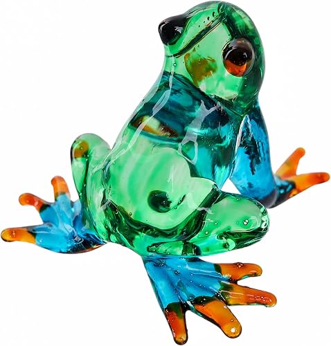 Hand Blown Art Glass, Rainforest Frog Miniature Animals Collection, Dollhouse Miniatures, Decorations, Souvenirs, Art Glass Blown Animals. (Multicolor Frog)