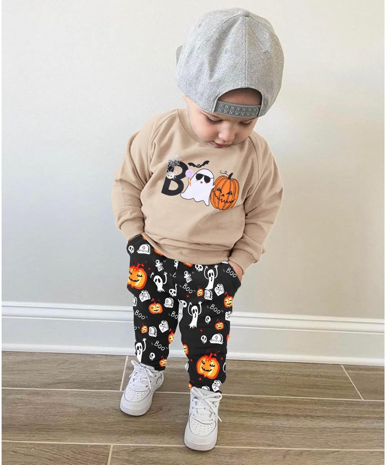 Ritatte Toddler Baby Boys Halloween Outfit Pumpkin Ghost Boo Sweatshirt Top Pant 2Pcs Kids Fall Winter Clothes Set - Image 2