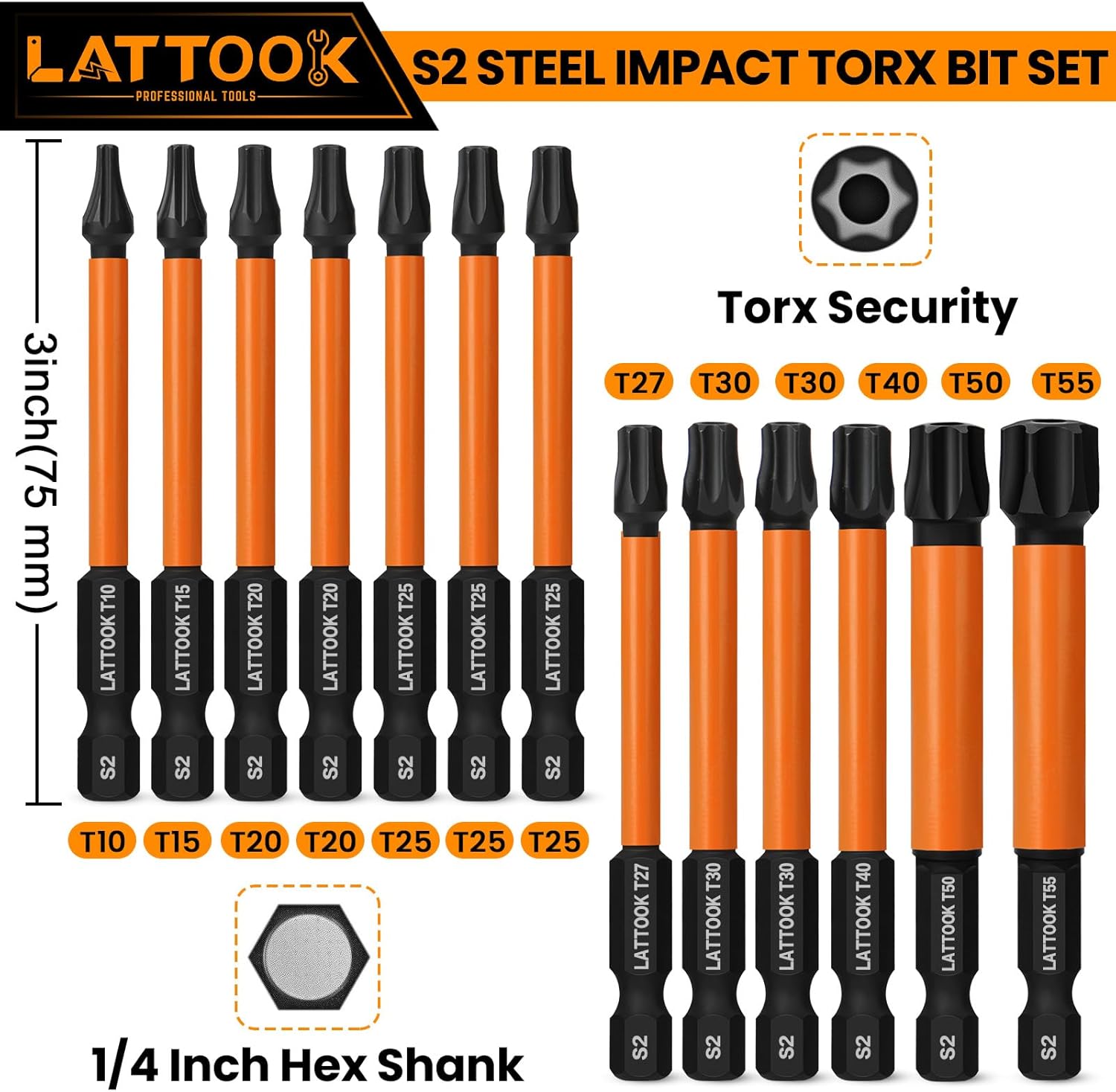 Impact Torx Bit Set, LATTOOK 13PCS Security Torx Bit Set, Tamper Proof Star Bit Set, Magnetic S2 Steel, 3'' Long, T10, T15, T20, T25, T27, T30, T40, T50, T55