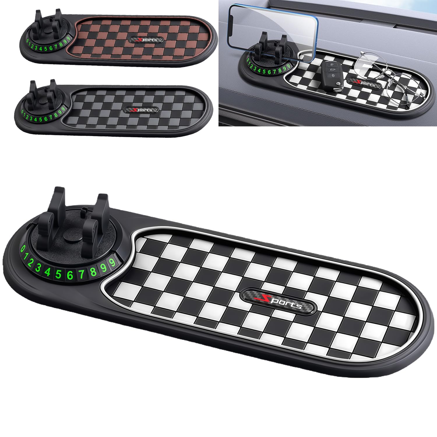 Multifunction Car Anti-Slip Mat, 3-in-1 Rotating Dashboard Mat, Large Storage Pad, Anti-Slip Phone Holder, 360° Rotating Mount with Parking Number (White)