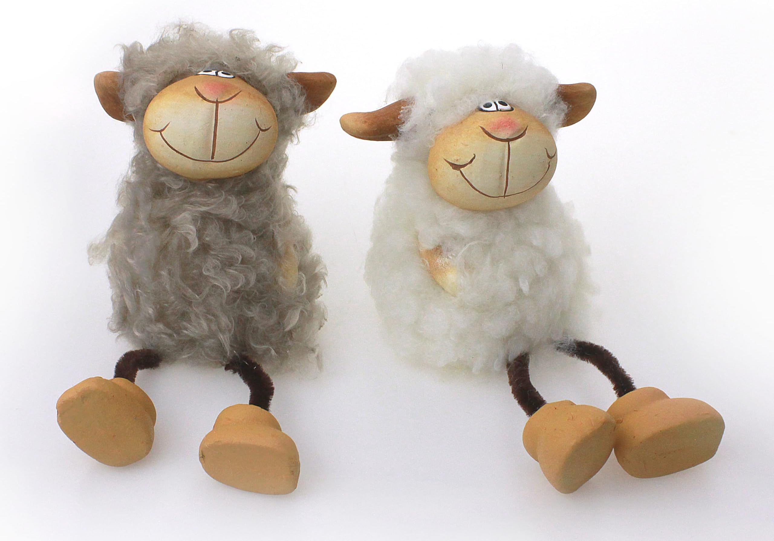 2x Figurine Shelf Sitter Lamb Sheep Sheep At Clay Set 11.5 x 19 cm Grey with Faux Fur White Sheep Lamb Wool Sheep with Floppy Leg