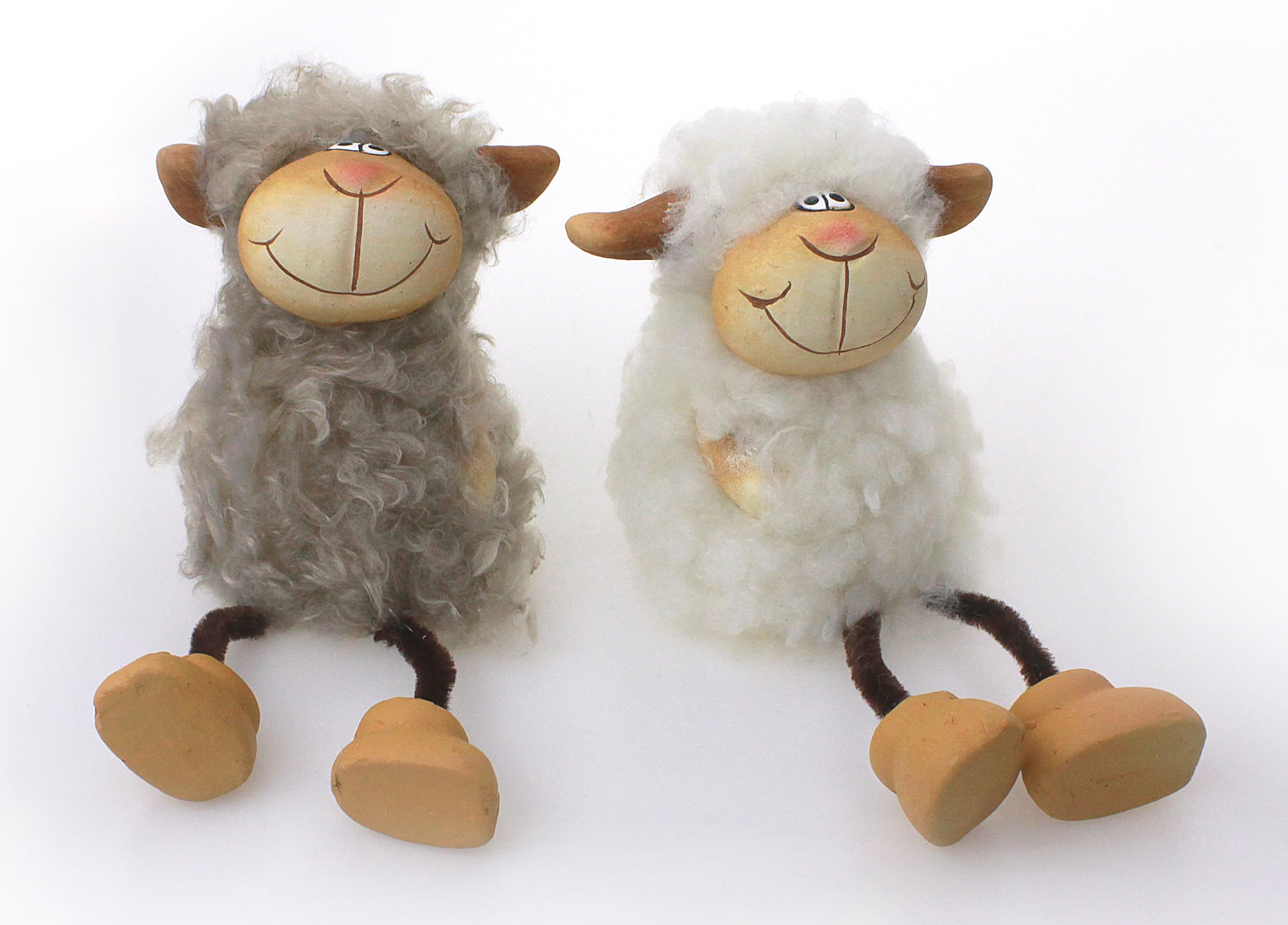 2x Figurine Shelf Sitter Lamb Sheep Sheep At Clay Set 11.5 x 19 cm Grey with Faux Fur White Sheep Lamb Wool Sheep with Floppy Leg