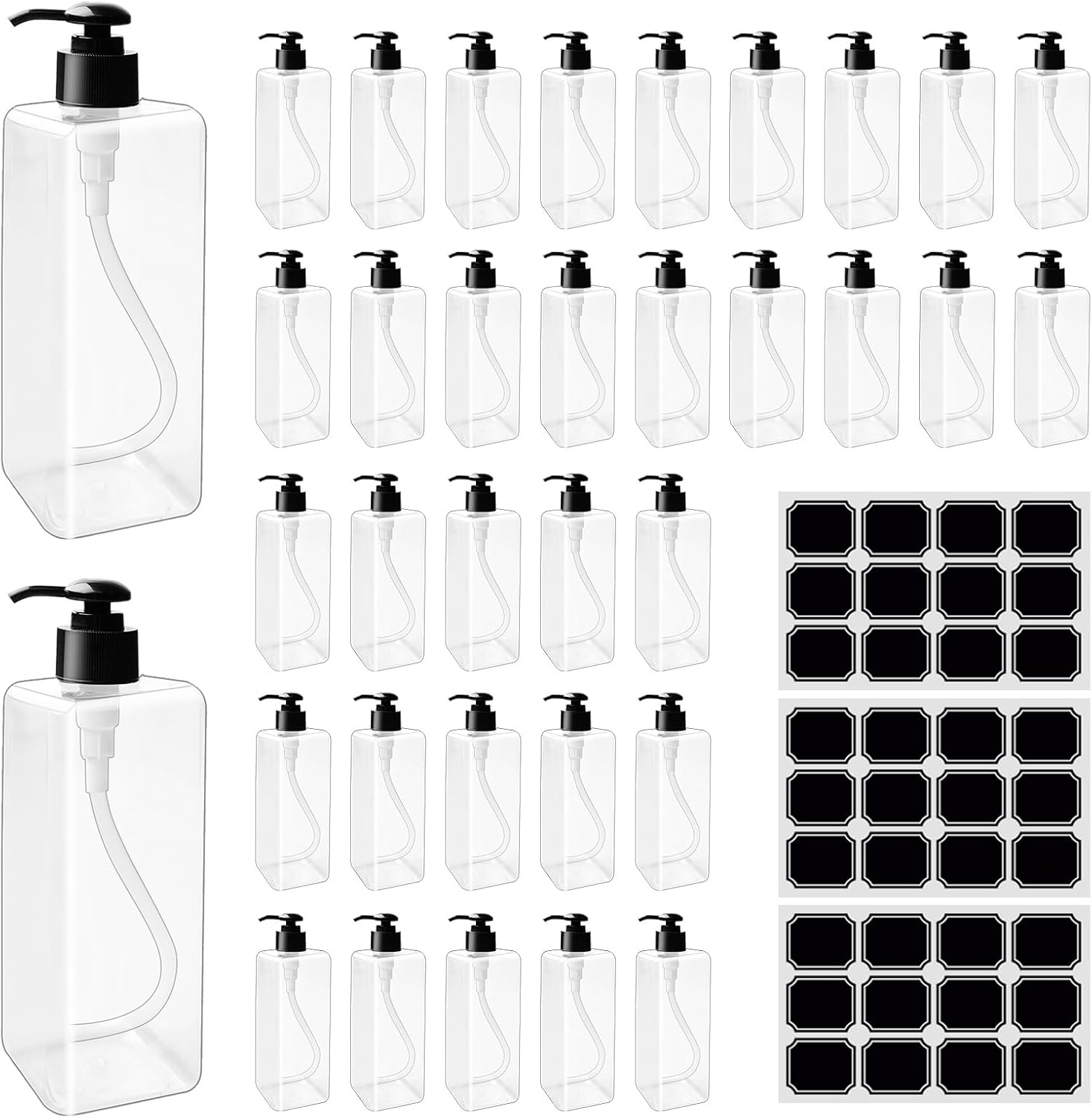 35 Pcs 16 oz Empty Plastic Pump Bottles Black Pumps with 3 Labels Refillable Lotion Shampoo Containers Clear Square Lotion Dispenser for Liquid Soap, Massage Oil, and Face Cream