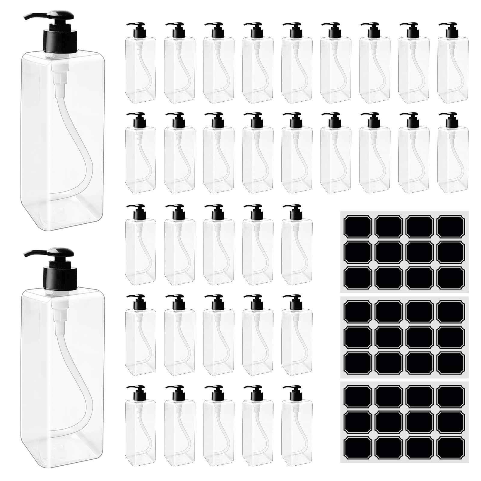 TANEMUDO 35 Pcs 16 oz Empty Plastic Pump Bottles Black Pumps with 3 Labels Refillable Lotion Shampoo Containers Clear Square Lotion Dispenser for Liquid Soap, Massage Oil, and Face Cream