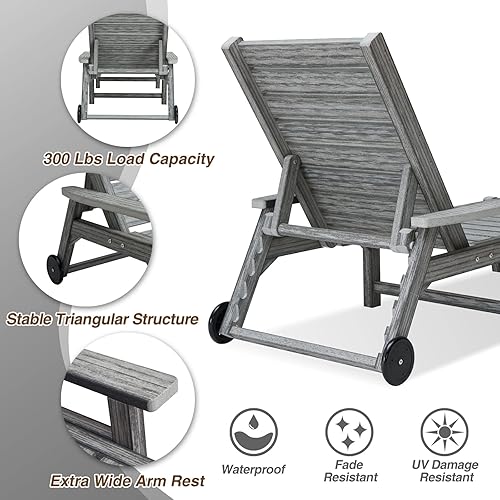 Miniatura 5 de ACUEL Chaise Lounge, silla de descanso de polietileno de alta densidad para exteriores con ruedas, reposabrazos y respaldo ajustable, impermeable, a