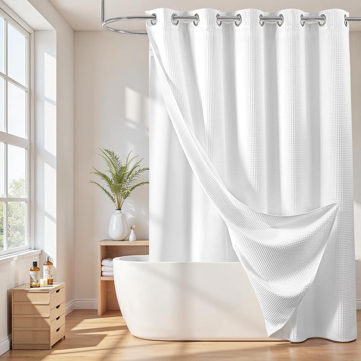 River Dream Cortina de ducha de mezcla de algodón sin gancho con forro, blanco, 71 ancho x 74 largo | con forro a presión, tela tipo gofre pesada, calidad hotelera para baño, repelente al agua, imanes en las esquinas, lavable a máquina