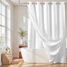 River Dream Cotton Blend No Hook Shower Curtain with Liner, White, 71x78