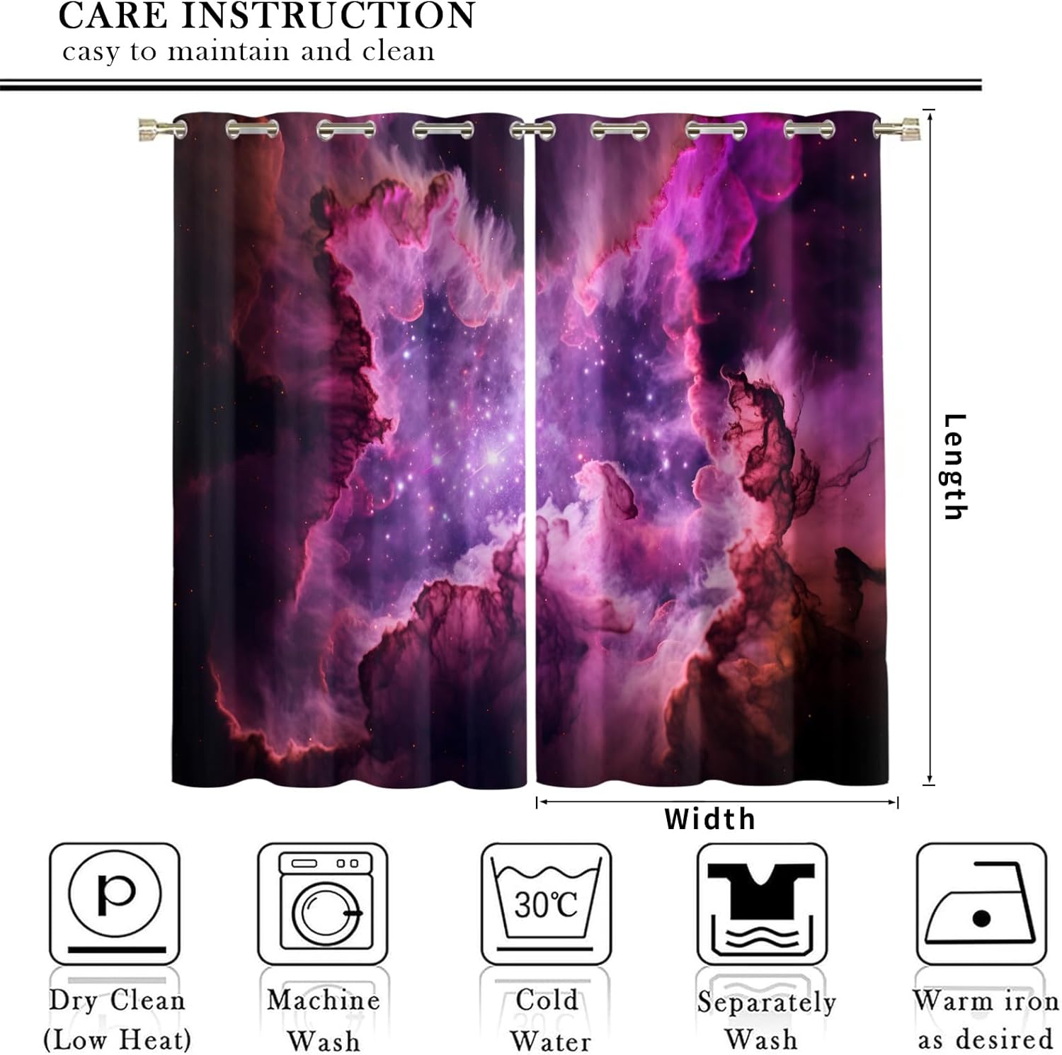 Nebula Cloud Blackout Curtains for Bedroom, Universe Space Grommet Window Curtains 84 inch Long, Noise Reducing Drapes for Living Room, Fantasy Purple Drapes, Galaxy Room Decor, 2 Panels