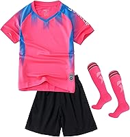 LuckyLuan Kids Soccer Jersey Set with Socks - Unisex Boys Girls Uniform, Breathable Stretchy Polyester Sportswear Kit