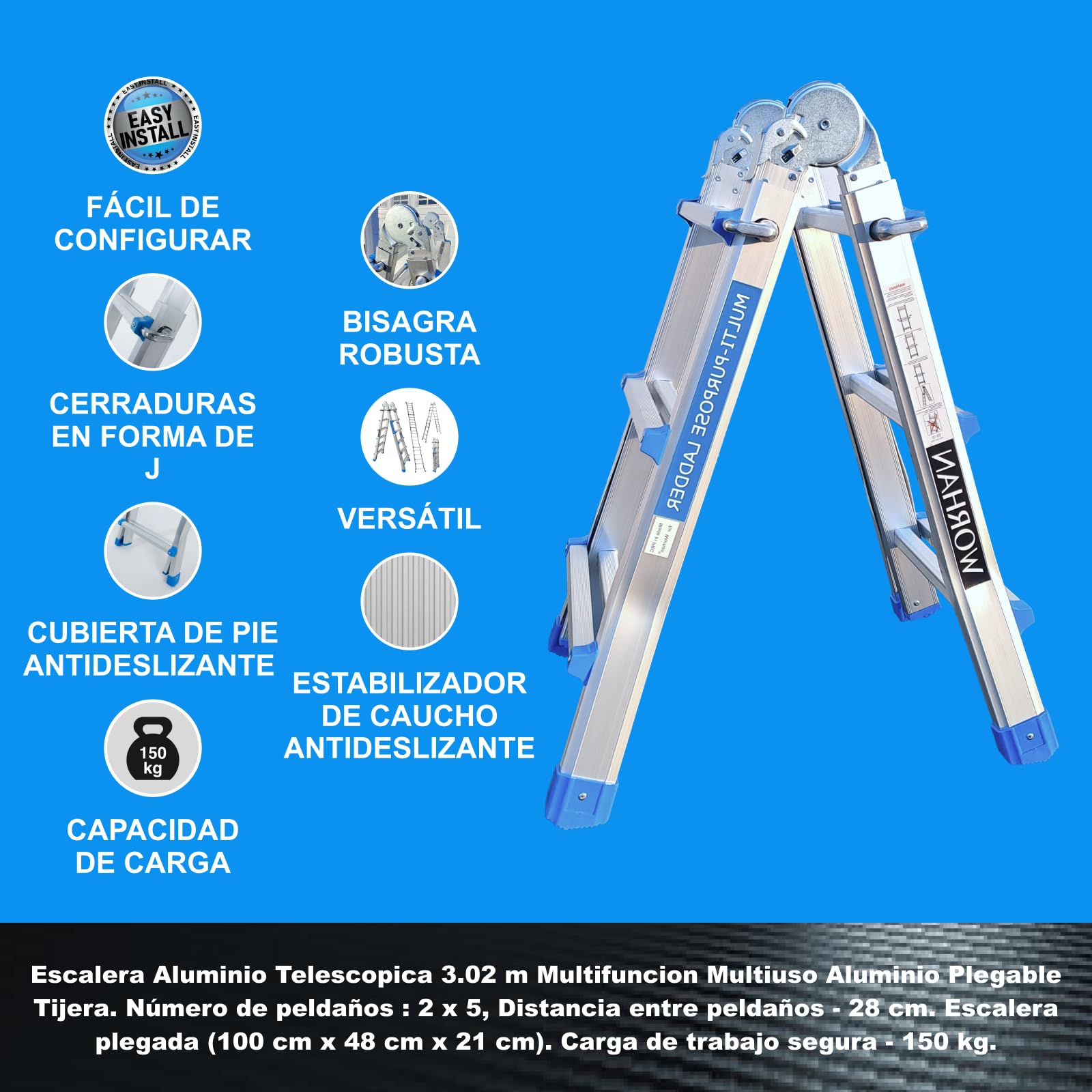 Escalera 302cm Aluminio Telescopica 3.02m Multifuncion Multiuso Aluminio Plegable Tijera L3