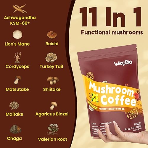 Miniatura 4 de Café de hongos 11 en 1 adaptogénico mezcla de hongos con Ashwagandha KSM-66, melena de león, reishi, cola de pavo y vainilla instantánea, café de