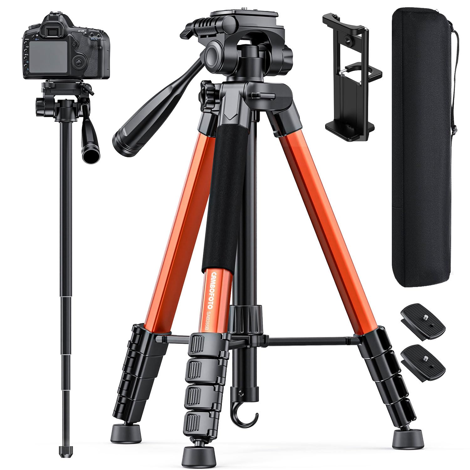 CAMBOFOTO 73" Camera Tripod and Monopod, Professional Aluminum Tripod Stand for Mirrorless Camera/DSLR/Cell Phone/Camcorder/GoPro, with Phone Holder