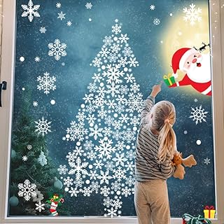 JOOLESER Snowflake Window Stickers 294 PCS, Christmas Reusable Static PVC Clings for Glass, Xmas Scene Decorations with Santa Claus Decals, White (Christmas-1)