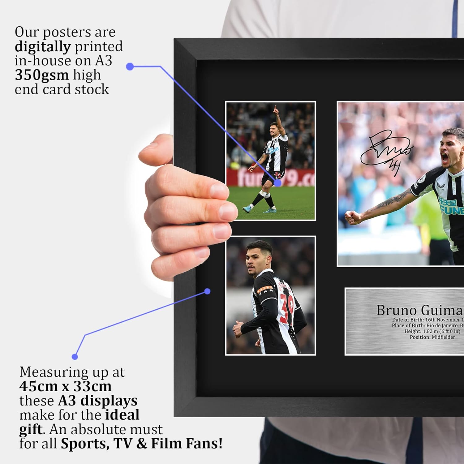 HWC Trading Bruno Guimaraes Newcastle United 16 x 12 inch (A3) Printed Gifts Memorabilia Signed Autograph Photograph Display for Football Fans and Supporters - 16" x 12" Framed