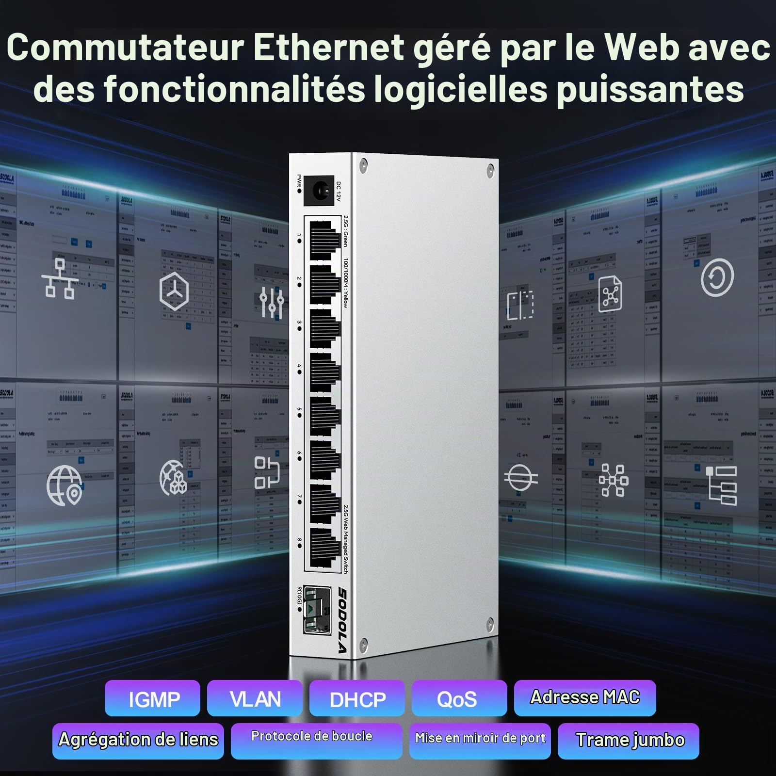 SODOLA Switch 2.5 Gigabit 8 Ports, avec 1 Port SFP+ 10G, Géré par Web | sans ventilateur, fixation magnétique, LACP/QoS/VLAN/IGMP, adapté aux homelabs et réseaux professionnels