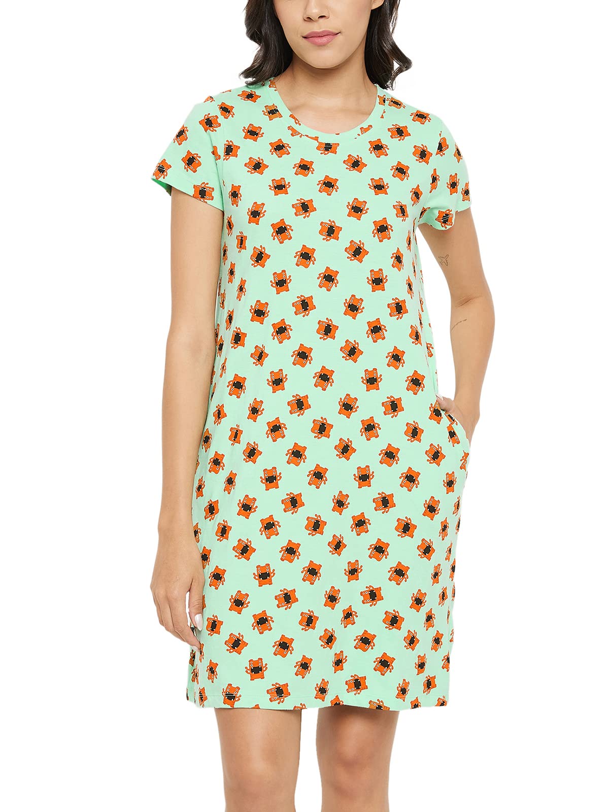 clovia Women's Cotton Emoji Print Short Nightdress With Pocket-picture-23