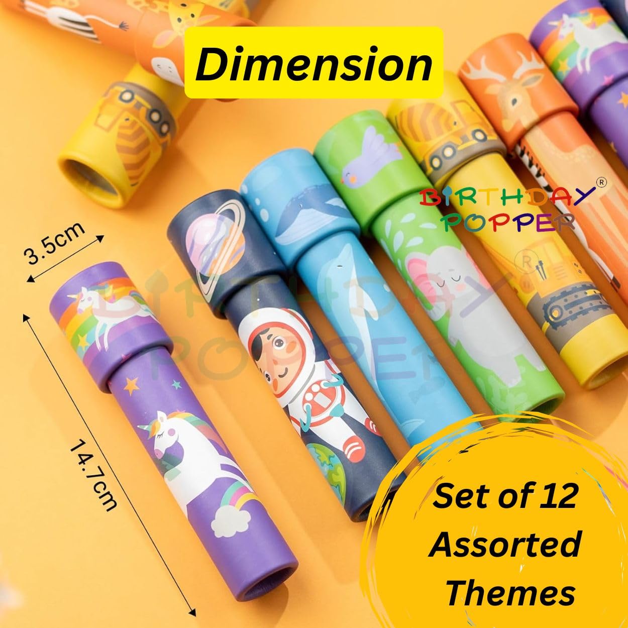 Birthday Popper Colourful Kaleidoscopes as Birthday Return Gifts for Kids | Set of 12 | Classic Rotating Prism Toys with Assorted Fun Designs | Party Favors, Goodie Bag Fillers, and Educational Toys - Image 2 thumbnail