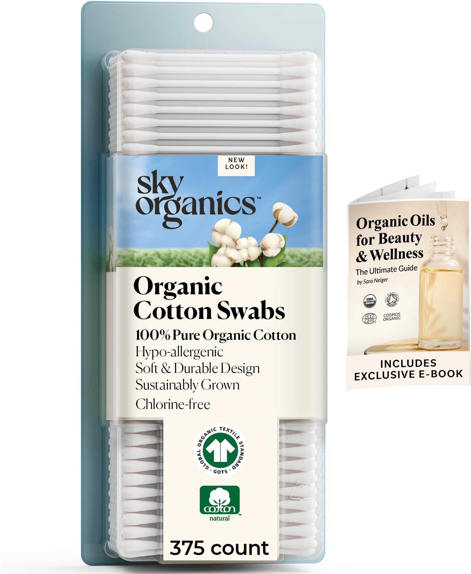 Organic Cotton Swabs, Ultra Soft Tips - Strong & Durable - Hypoallergenic - Chlorine Free - Sustainable - Natural, Vegan & Cruelty Free - Skin Care & Self Care w ebook