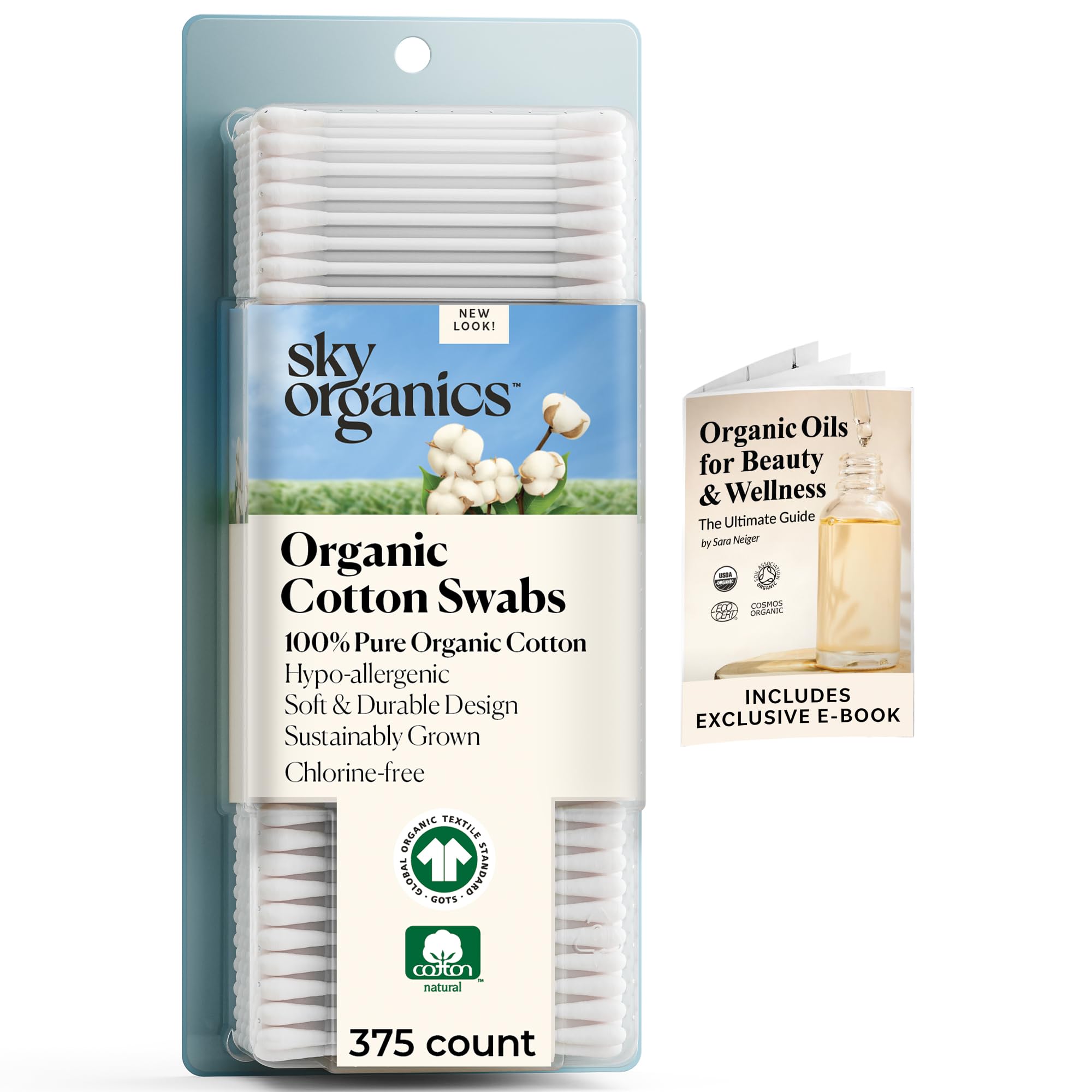 Organic Cotton Swabs for Sensitive Skin, 100% Pure GOTS Certified Organic for Beauty & Personal Care, 375 ct.