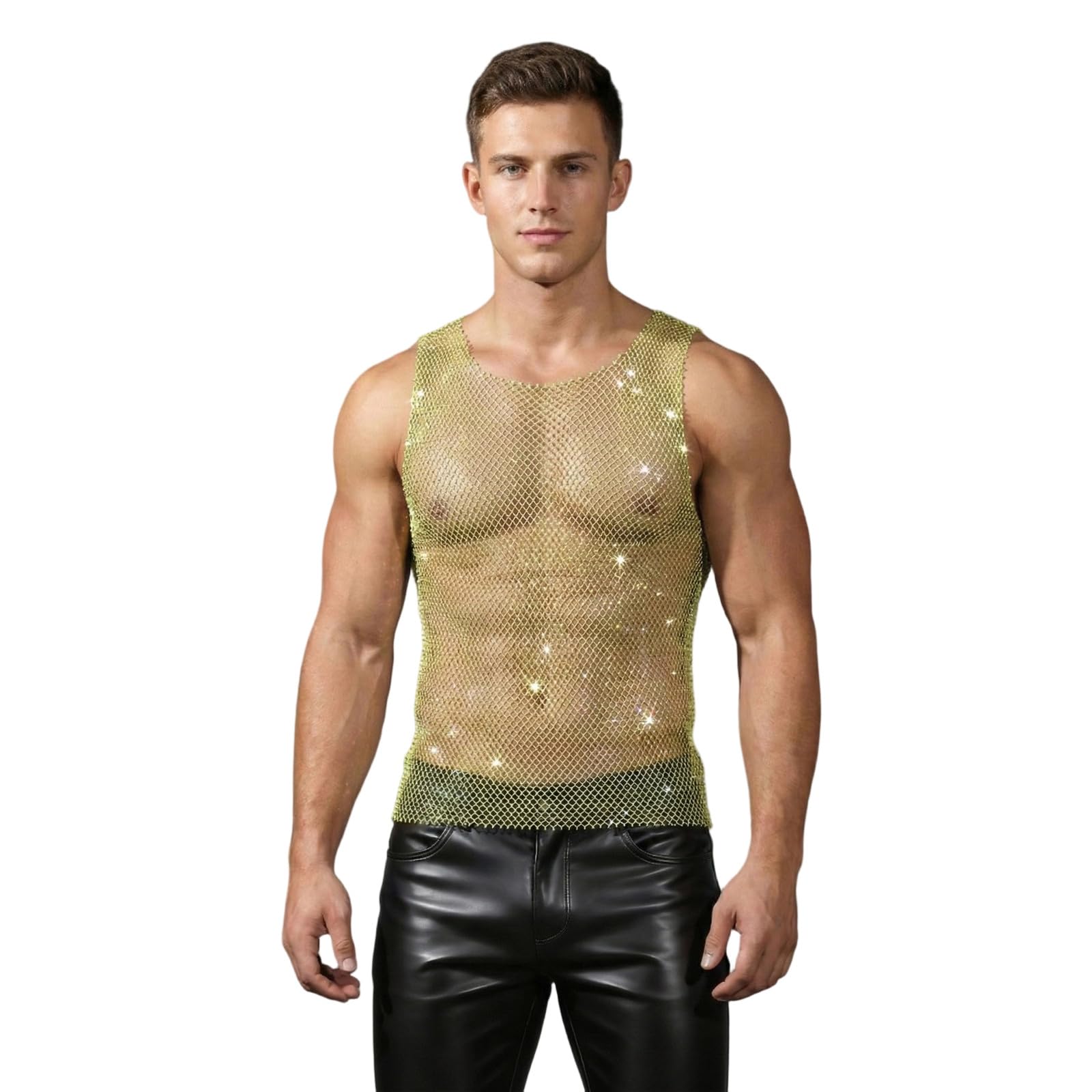 Mesh Shirt Men's Transparent Tops Tank Top Clubwear Mesh Rhinestone Tops Fishnet Tank Top Sexy Cropped Shirt Vest Mesh Shirt Muscle Shirt Summer Sleeveless Muscle Vest Underwear, O yellow, S