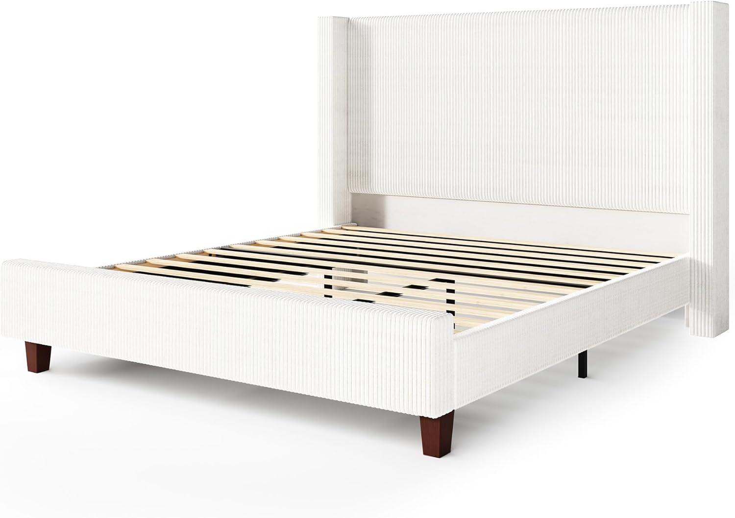 VanAcc Queen Size Platform Bed Frame, 50.8" Corduroy Upholstered Bed with Vertical Channel Tufted Headboard/Wooden Slats/Wingback/No Box Spring Required/White