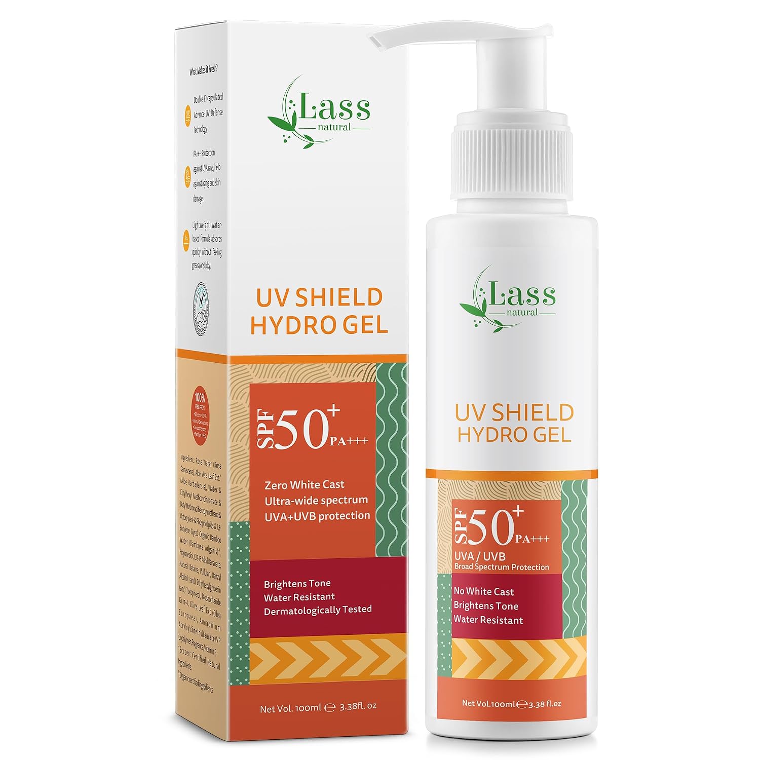 Lass Natural UV Shield Hydro Gel Sunscreen SPF 50+ PA+++ | Aqua Gel Sunscreen for Dry, Normal & Sensitive Skin | Broad Spe...