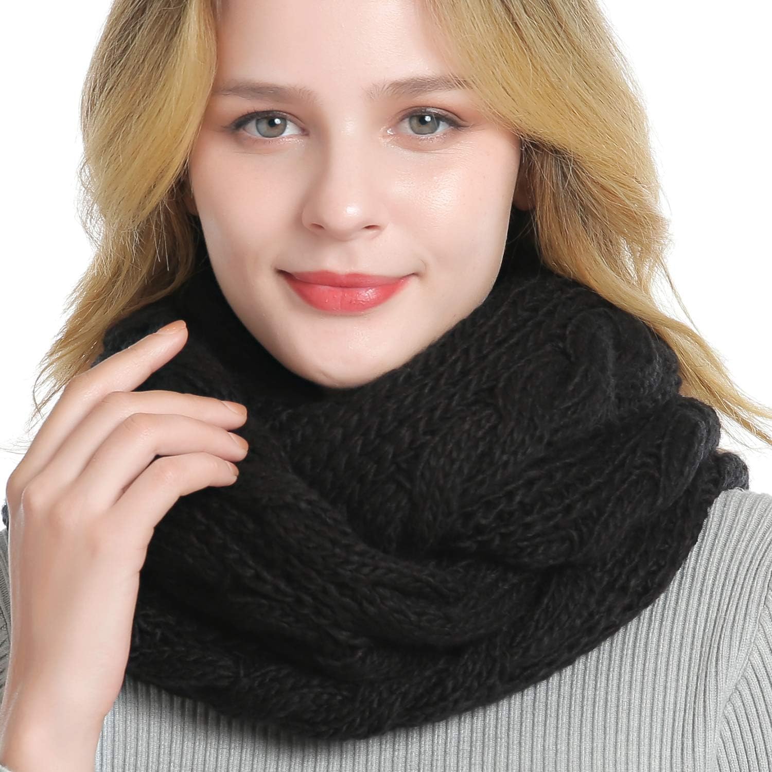 QUEENFUR Winter Women Thick Cable Knit Ribbed Infinity Circle Loop Scarf