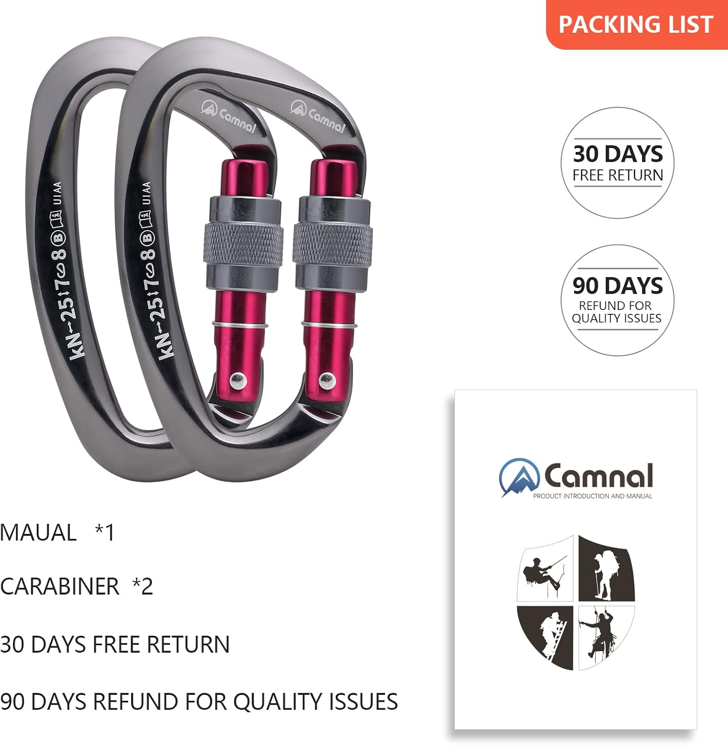 CAMNAL Heavy Duty Carabiner UIAA Certified Locking Carabiner 25KN (About 5620 lbs) Screw Lock Carabiner D Shape Carabiner Clip for Rock Climbing, Mountaineer, Aerial Work : Sports & Outdoors