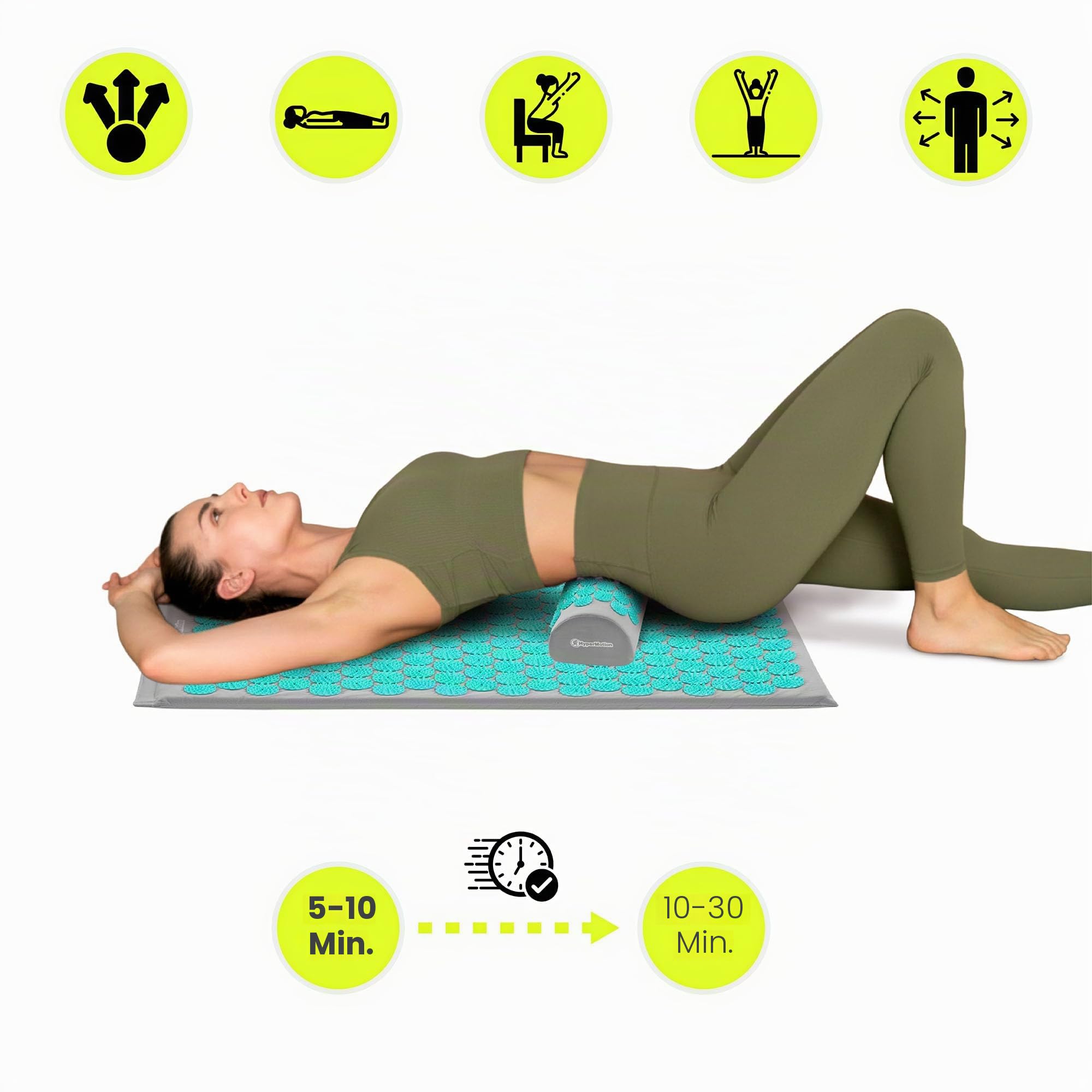 HyperMotion Akupressurmatte mit Kissen Eco - Akupunktur Matte - Massagematte Ganzkörpermassage, Akupressurmatte Set für Entspannung, Kokosfaser und Buchweizen, Grau-Mint, 72 x 42 x 2 cm