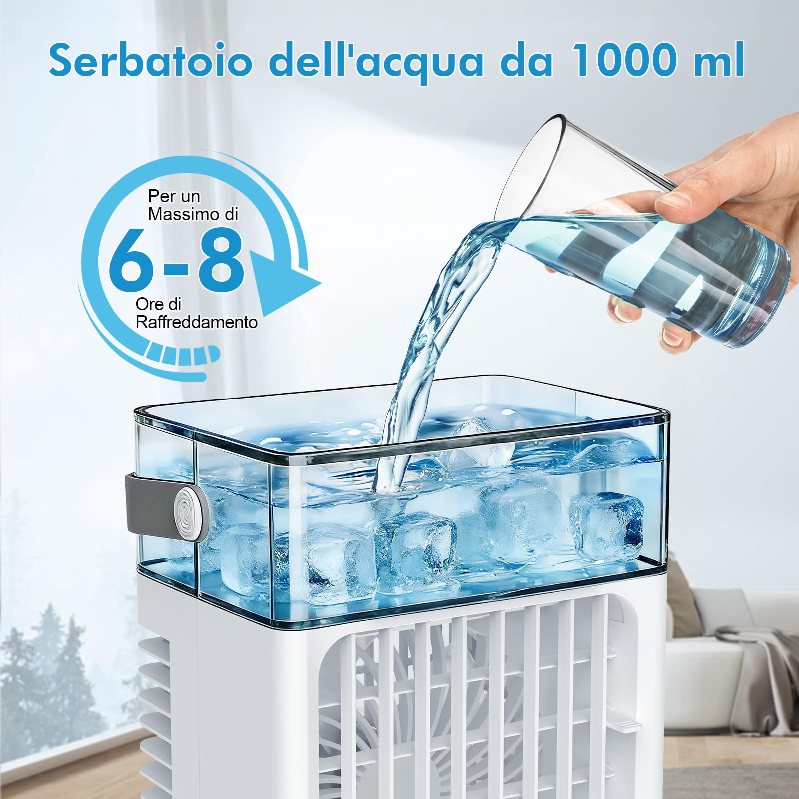 Mini Condizionatore Portatile 3-in-1, Serbatoio Acqua 1L, 4 Velocità Regolabili, 3 Timer, Luce RGB Integrata, Raffrescatore d'Aria Ultra Silenzioso con Telecomando per Casa Ufficio